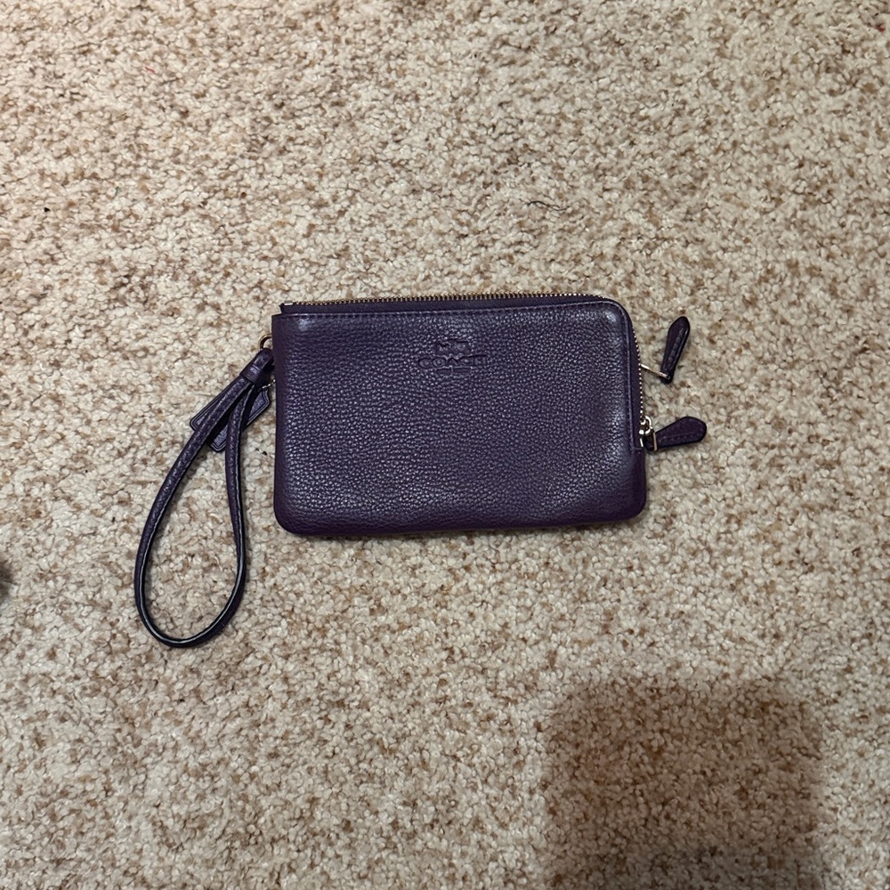 Coach Double Zip Wristlet Dark Plum Pebbled Leather Small Wallet Clutch Purse